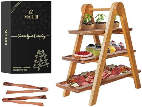 MAJURI 3 Tier Wooden Serving Tray, Halloween Serving Tray, Set of 2 Tongs Free, Tiered Serving Trays for Party, Picnic, Your Perfect Elevated Charcuterie Stand and for 3 Tiered Dessert Stand Lovers by MAJURI