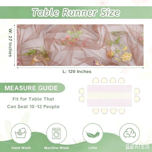 QueenDream 10FT Flower Table Runner Taupe Embroidery Wildflower Table Runners Seasonal Table Decorations Tulle Fabric for Home Bridal Shower Wedding Parties Indoor Decor - Image 5