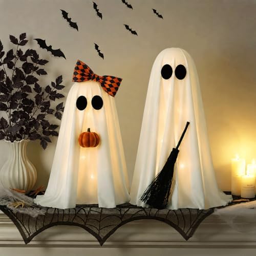 Halloween Decorations Indoor, 2 Pack Lighted Ghost Decor with Broom Pumpkin - Image 6