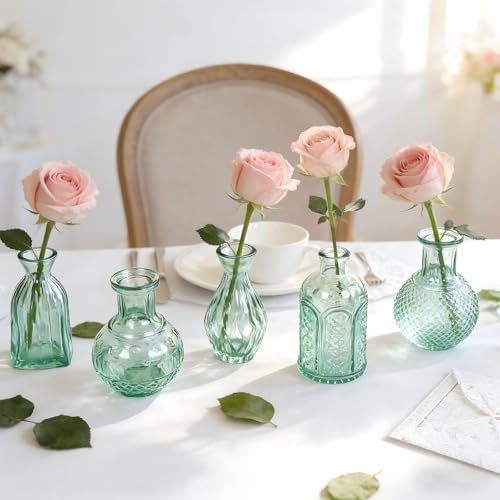 Aqua Green Glass Bud Vases Set of 24, Vintage Small Vases for Flowers Centerpieces, Table Decoration, Baby Shower, Decorative Mini Flower Vase Bulk for Holiday, Party, Bridal Shower, Home - Image 5