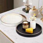 KINGFOM Round Decorative Tray for Coffee Table, PU Leather Valet Nightstand Desk Organizer for Men Women, Golden Trim Tray for Home Decor Living Room Dining Table, Perfume Trays Organizer Black - Image 5