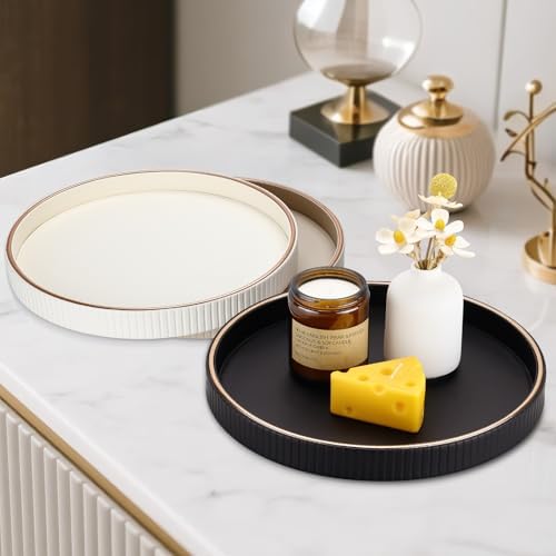 KINGFOM Round Decorative Tray for Coffee Table, PU Leather Valet Nightstand Desk Organizer for Men Women, Golden Trim Tray for Home Decor Living Room Dining Table, Perfume Trays Organizer Black - Image 5