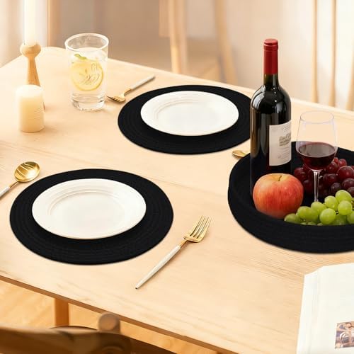 Round Placemats Set of 6 with Holder, Cotton Rope Woven Place Mats, Hot Pads for Kitchen, Heat Resistant Table Mats, 13 Inch Farmhouse Washable Braided Placemat for Kitchen Decor (Black) - Image 4