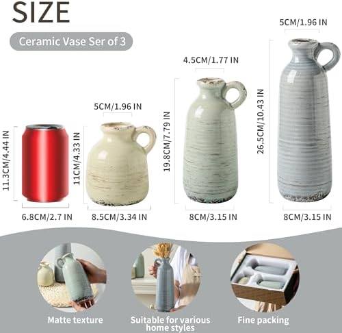 Ceramic Vase Set of 3 | Neutral Vase Home Decor with Handle | Pottery Modern Farmhouse Vases Pampas Grass Flower Vases for Home Decor Table Living Room Centerpieces Mantel Decor - Multicolor - Image 2