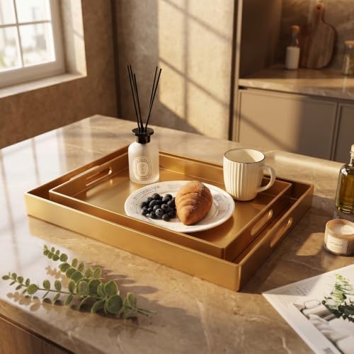 Gold Decorative Serving Tray Set with Handles, Large 15.7" & Medium 13.8", Modern Plastic Design for Coffee Table, Ottoman and Home Decor (2 Pcs) - Image 4