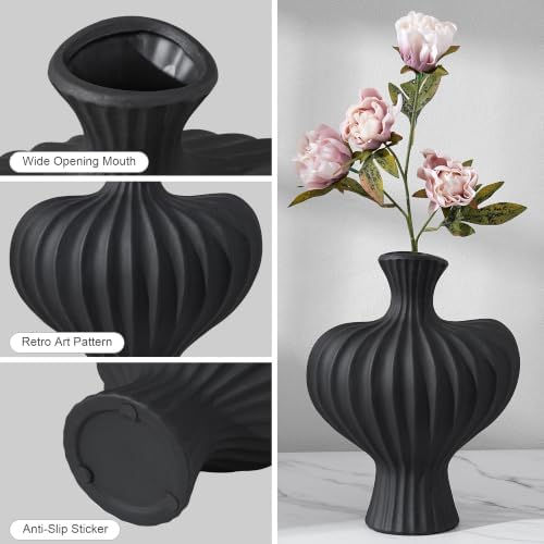 Ceramic Flower Vase Home Decor,11" Rustic Vintage Clay Black Heart Terracotta Vases Farmhouse Table Vases Living Room Decor Pottery Pots for Home Shelf Coffee Dining Desk Fireplace - Image 2