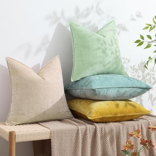 decorUhome Spring Couch Throw Pillow Covers 18x18 Set of 2, Decorative Soft Velvet Neutral Chenille Pillow Covers with Elegant Design for Sofa Bed Living Room Home Decor, Beige (Pack of 2) - Image 4