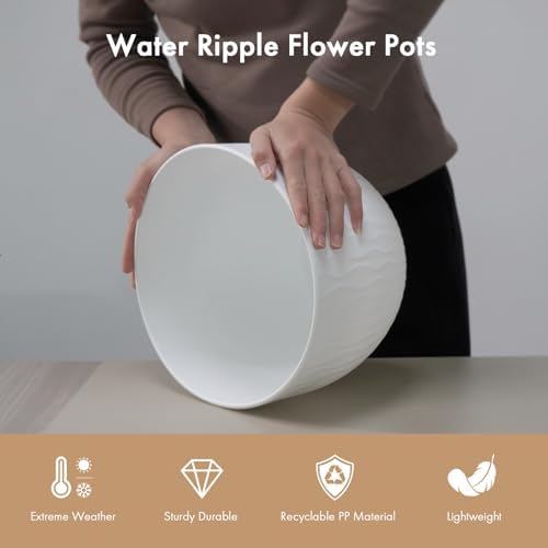 WSMKSZ 12 Inch Wide Water Ripples Flower Pots for Indoor or Outdoor Plants, Large Plant Pots with Drainage Holes & Saucer, Plastic Planters Set for Garden & Home Decor (White with Black Speckles) - Image 4