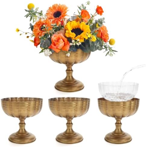 Gold Vases for Centerpieces Tables, Tall Metal Flower Urn Pedestal Vase Compote Bowl with Plastic Liners, Vintage Floral Arrangement Pots for Wedding Table Decor by Zyphluxhomedecor