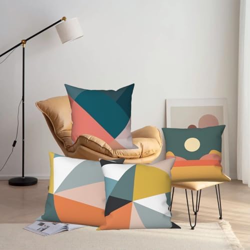 4 Pcs/Set Colorful Pillow Covers Geometry Strip Outdoor Patchwork Geometric Sun Minimalist Cushion Covers Pillowcase Linen Cushion Case for Patio Furniture Couch Living Room, 22"x22" - Image 2