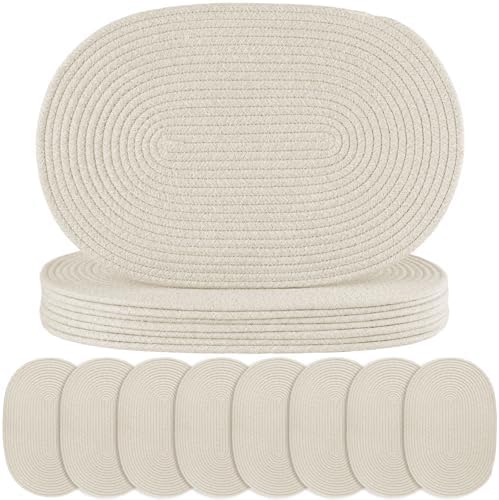 Oval Woven Placemats Set of 8 Heat Resistant Placemats 17.5 x 12 Inches Farmhouse Cotton Rope Place Mats for Dining Tables Trivets for Hot Dishes, Beige by Aertiavty