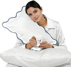 Ridhi White with Blue Scalloped 100% Cotton Throw Pillow Covers 12x20 Inch by Ridhi