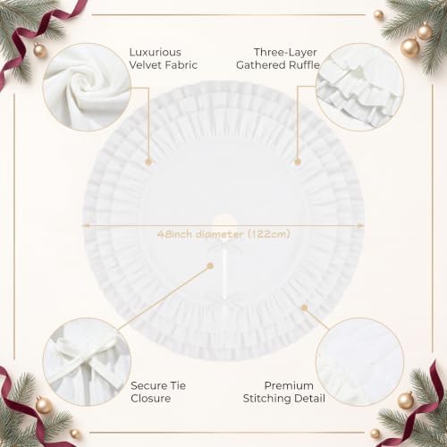 Hollowfly 48 Inch Ruffled Velvet Christmas Tree Skirts White Tree Skirt - Image 2
