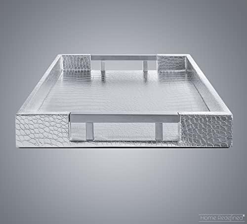 Modern Elegant 17.5"x12" Rectangle Glossy Silver Crocodile Faux Leather Tray Decorative Ottoman Coffee Table Display Perfume Dresser Kitchen Serving Tray with Silver Metal Handles by Home Redefined - Image 4