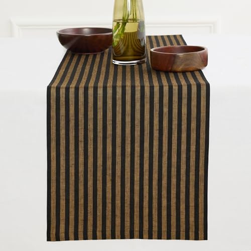 Solino Home 100% Linen Table Runner, 14 x 90 in, Brown and Black Striped by SolinoHome