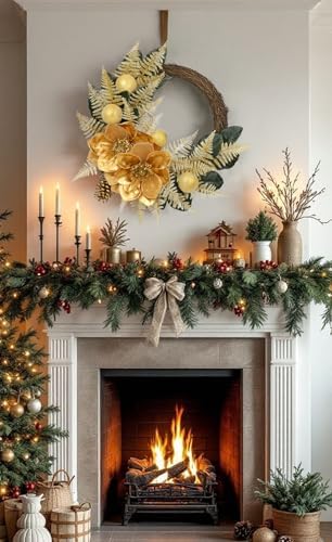 24" Christmas Wreath for Front Door – Artificial Winter Half Wreath with Gold Maglonia Flower, Ball Ornaments, Fern Leaves for Indoor & Covered Outdoor Holiday Christmas Decoration - Image 3