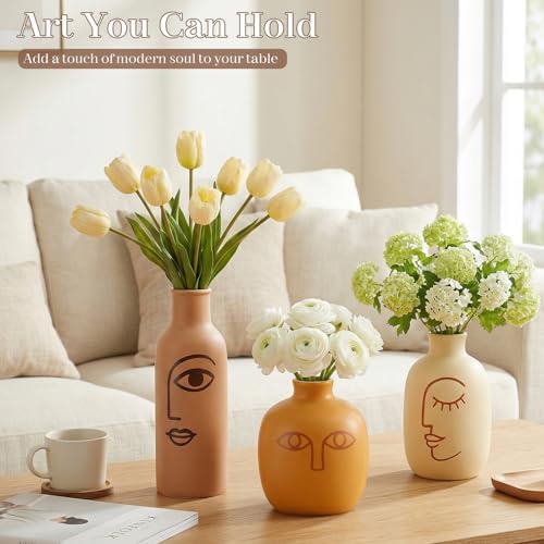 TBWIND Abstract Face Ceramic Vases Set of 3, Modern Boho Flower Vase - Image 6