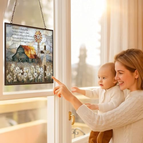 Rectangle Vintage Christian Grace Barn Cross Stained Glass Suncatcher Stained Glass Window Hangings Birthday Gift for Mom Grandma Teacher Women Friend Memorial Hook - Image 5