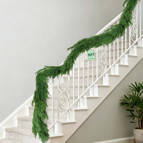 【Extra Full】 15FT Christmas Norfolk Pine Garland, Greenery Real Touch Decorations for Mantle Table Staircase Fireplace Mantel Porch Banister Holiday Home Winter Faux Xmas Indoor Outdoor Decor by Tixiquns