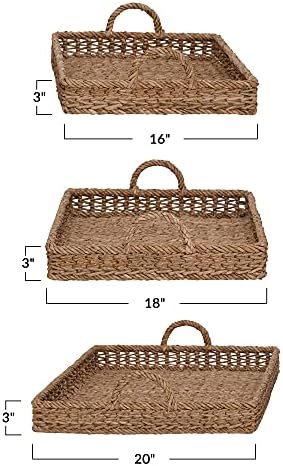 Creative Co-Op Set of 3 Decorative Water Hyacinth & Rattan Trays with Handles, Natural (16", 18" & 20") - Image 4