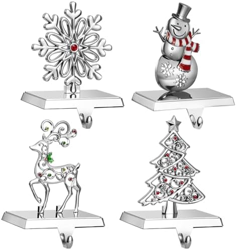 4 Pack Christmas Stocking Holder Set for Mantle Christmas Holiday Decorations Mantle Fireplace Topper Snowflake Snowman Reindeer and Christmas Tree Hangers Decorative Metal Hanger by Mulumu