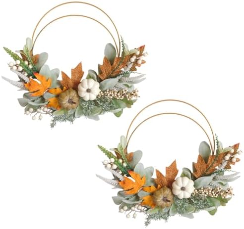 (2pcs) 16-inch Fall Wreath Handmade Rabbit Ear Leaf Maple Leaf White Berry Pumpkin Iron Wreath Front Door Window Farmhouse Decor Thanksgiving Halloween Harvest Festival Party Wedding Decor