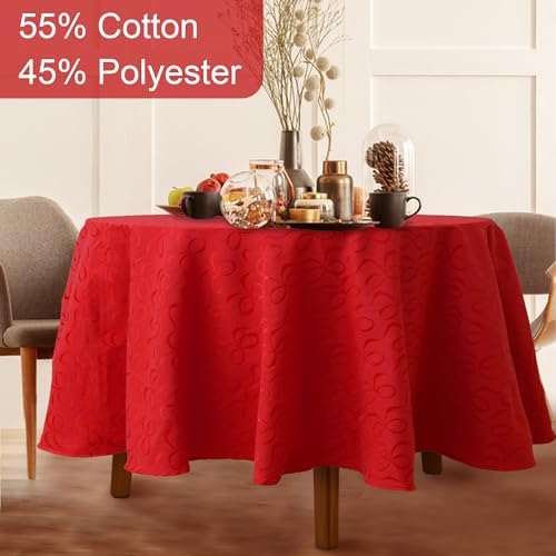 VOOVA & MOVAS Red Round Tablecloth 70" (Seat 4-6), Reusable Table Cloth for 5ft Circle Table, Polyester-Cotton, Washable, 1PC Celebration Holiday Tablecloth with Bow Jacquard - Image 5