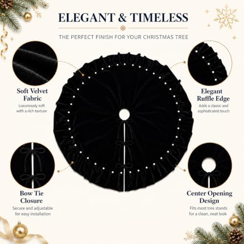 Black Velvet Christmas Tree Skirt with Ruffled Edge&Pearl,60" - Image 7