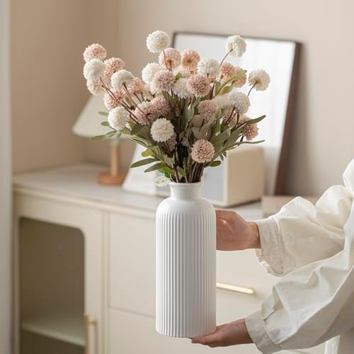 Large Modern Ceramic Vase Set, White Ribbed Matte Design, 10 Inch Tall, 4 Inch Width, 3-Piece Decorative Vases for Home, Living Room, Office (XL Matte Glaze White) - Image 4