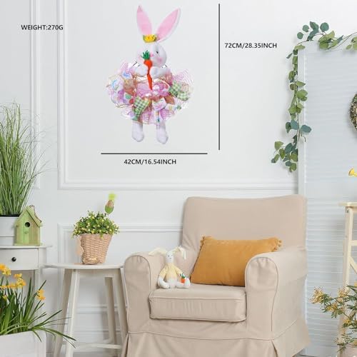 Easter Wreaths for Front Door with Lights,Easter Door Wreath,Easter Mesh Wreath,Bunny Spring Colorful Easter Decorations Holiday Ornament for Home Indoor Outdoor Supplies (Pink Bunny) - Image 5