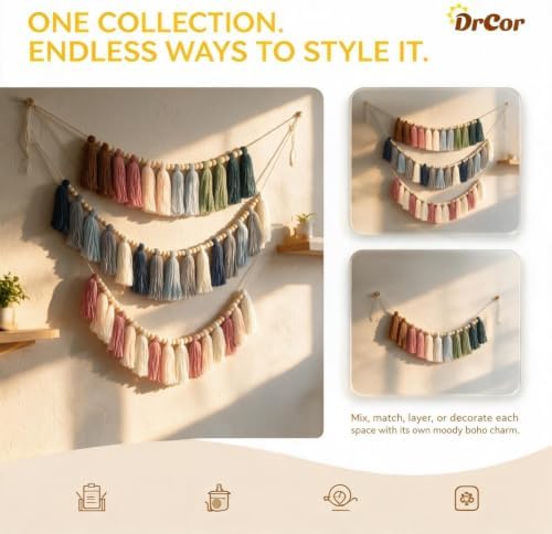 DrCor Moody Boho Tassel Garland, Set of 3 with Natural Wood Beads - Vintage - Image 4