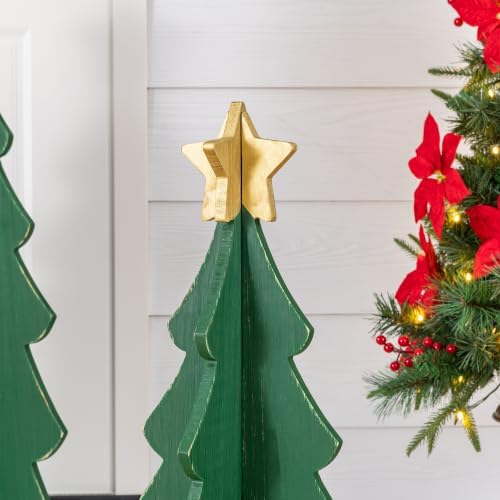 Glitzhome Set of 2 Wood Christmas Trees Porch Decor,Interlocking Xmas Porch Sign with Gold Star Toppers,Standing Porch Sign for Front Door Indoor Outdoor Holiday Decor,36" H &30" H - Image 6