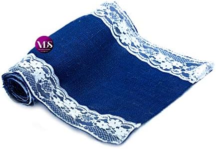 VDS Pack of 10, Burlap Table Runner with White Lace Edge, 100% Natural Jute Rustic Hessian Table Cloth Centerpiece for Wedding Birthday Party Banquet Table Decoration (Size 12X108 Inch)(Royal Blue) - Image 3