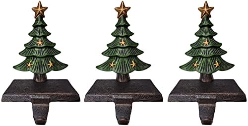 Lulu Decor Cast Iron Christmas Stocking Holders for Mantle, Solid Green Tree Topped with Gold Star, Weighted Sturdy Tree Hooks Hangers for Holiday Decoration (Set of 3) by LuluDecor