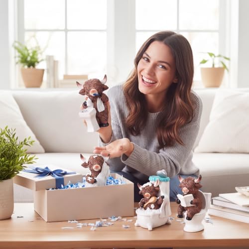 Simgoing 4 Pcs Farmhouse Highland Cow Bathroom Decor, Resin Cow Figurines - Image 6