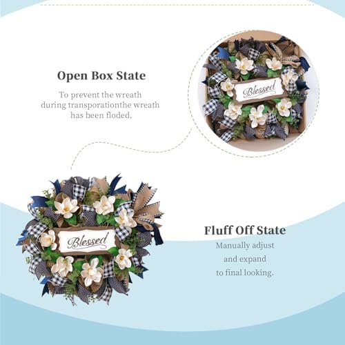 22 Inch Spring Wreath Blessed Magnolia Wreath with Buffalo Check and Burlap Ribbon - Farmhouse Front Door Wreaths Decor for All Seasons - Rustic Home Wall Porch Decor - Image 4