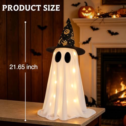 2 Pack Halloween Ghost Decorations, 21.7 Inch Lighted Halloween Decorations, Battery Operated Tabletop Ghost Decor with Witch Hats for Mantel Fireplace Table Entryway Indoor Party Office Home Decor - Image 3