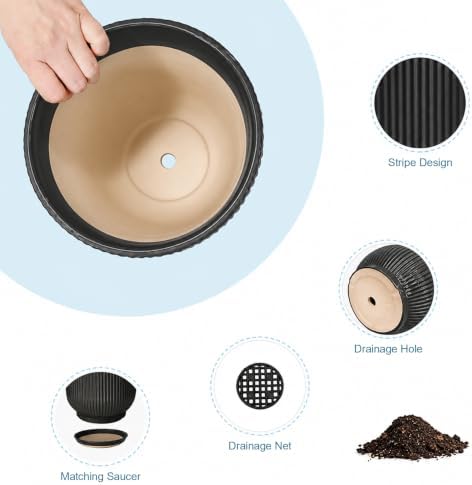 Deep Dream 8 Inch Ceramic Pots for Plants, Heavy Plant Pot for Indoor Outdoor Plants, Large Plant Pot with Drainage Hole and Saucer, Modern Tall Flower Pot, Gifts for Plant Lovers, Black - Image 6