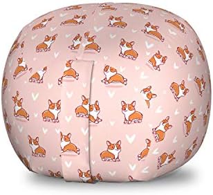 Ambesonne Dog Lover Storage Toy Bag Chair, Little Corgi Jumping Running and Standing Cartoon Hearts Background, Stuffed Animal Organizer Washable Bag, Small Size, Orange White by Ambesonne