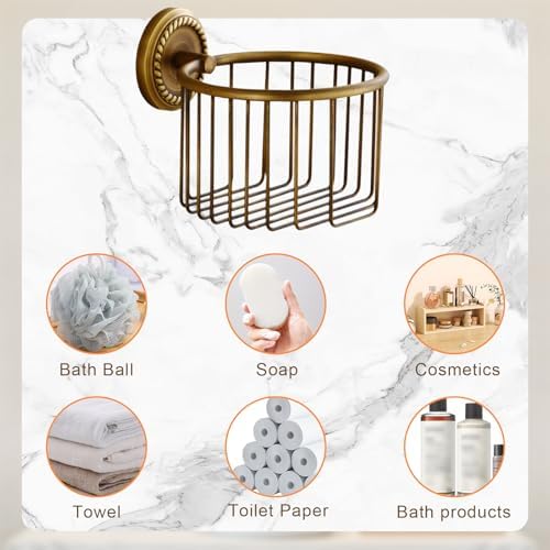 Vintage Toilet Paper Holder Wall Mounted Bathroom Roll Tissue Wire Basket, Antique Brass - Image 5