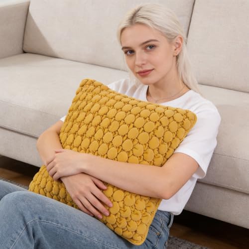Pillow Covers 24x24 Set of 2 Velvet Euro Shams Decorative Farmhouse Pillowcases Boho Square Cushion Covers Soft Bubble Texture for Couch Sofa Bed Bedroom Car Living Room，Yellow - Image 3