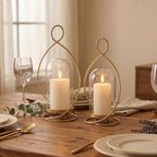 Large Hurricane Pillar Candle Holders with Glass Dome, Set of 2 Decorative Gold Candle Lanterns for Tabletop, Modern Centerpieces for Dining Table, Fireplace Mantel Decor - Image 2