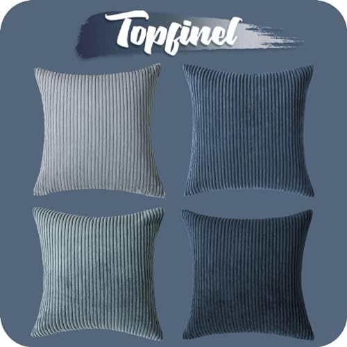 Topfinel Decorative Throw Pillow Covers Dusty Blue Navy Series 16x16 Inch Set of 4,Summer Corduroy Striped Toss Pillows for Couch,Patio,Balcony,Children Bedroom,Modern Fluffy Blue Gradient Shams - Image 7