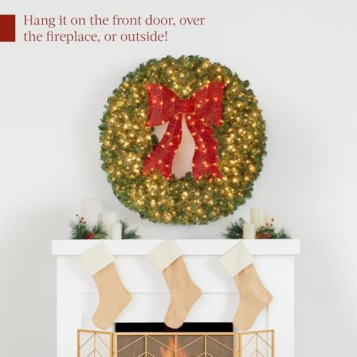 Best Choice Products 36in Large Artificial Pre-Lit Fir Christmas Wreath Holiday Accent Decoration for Door, Mantel w/Red Lighted Bow, 150 LED Lights, 300 PVC Tips, Power Plug-in - Image 4