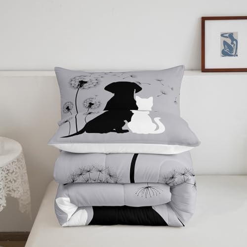 Cute Cat Dog Bedding Sets Twin, Kawaii Puppy Kitten Couple Comforter Set for Girls Boys Kids Teens, Dandelion Botanical Flowers Duvet Set, Cartoon Pet Animals Quilted Comforter with 2 Pillow Covers - Image 6