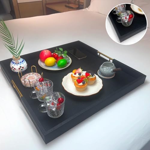 24x24 Inches Extra Large Black Faux Leather Wrapped Wood Ottoman Tray with Golden Handles for Serving Food and Breakfast On Bed, Square Coffee Table Organizer, Home Decor and Decorative - Image 3