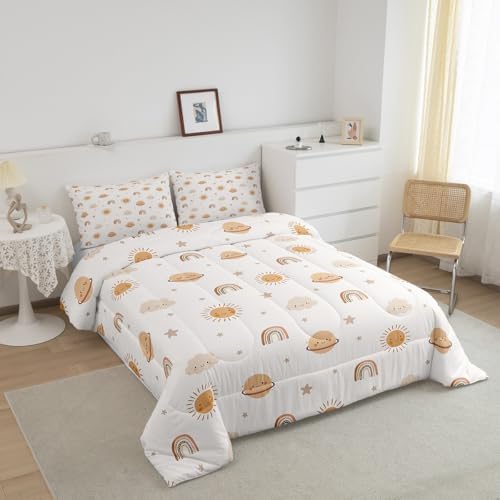 Erosebridal Girls Rainbow Comforter Set Kids Sun and Stars Quilt King Children Kawaii Planets Clouds Comforters & Sets Girly Cartoon Theme Bedding Set Iridescent Print Down Comforter + 2 Pillowcases - Image 3