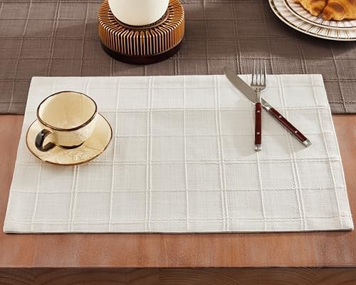ZeeMart Linen Checked Farmhouse Placemats Set of 6, Ivory 13x19in by ZEEMARTONLINE