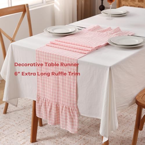 Peachy Blush White Plaid Gingham Ruffle Table Runner Cabinet Cover 13"x108" - Image 3