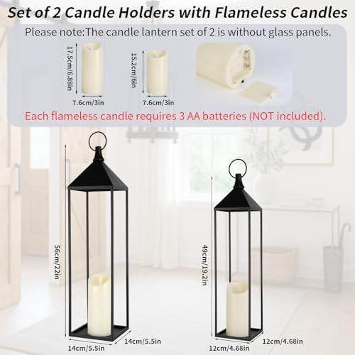 22" 19" Modern Farmhouse Candle Lantern Decor Set of 2 Large Black Metal Candle Lanterns with Flameless Candles, Lanterns Decorative Indoor for Fireplace Mantle Table Outdoor Lanterns for Patio Porch - Image 4